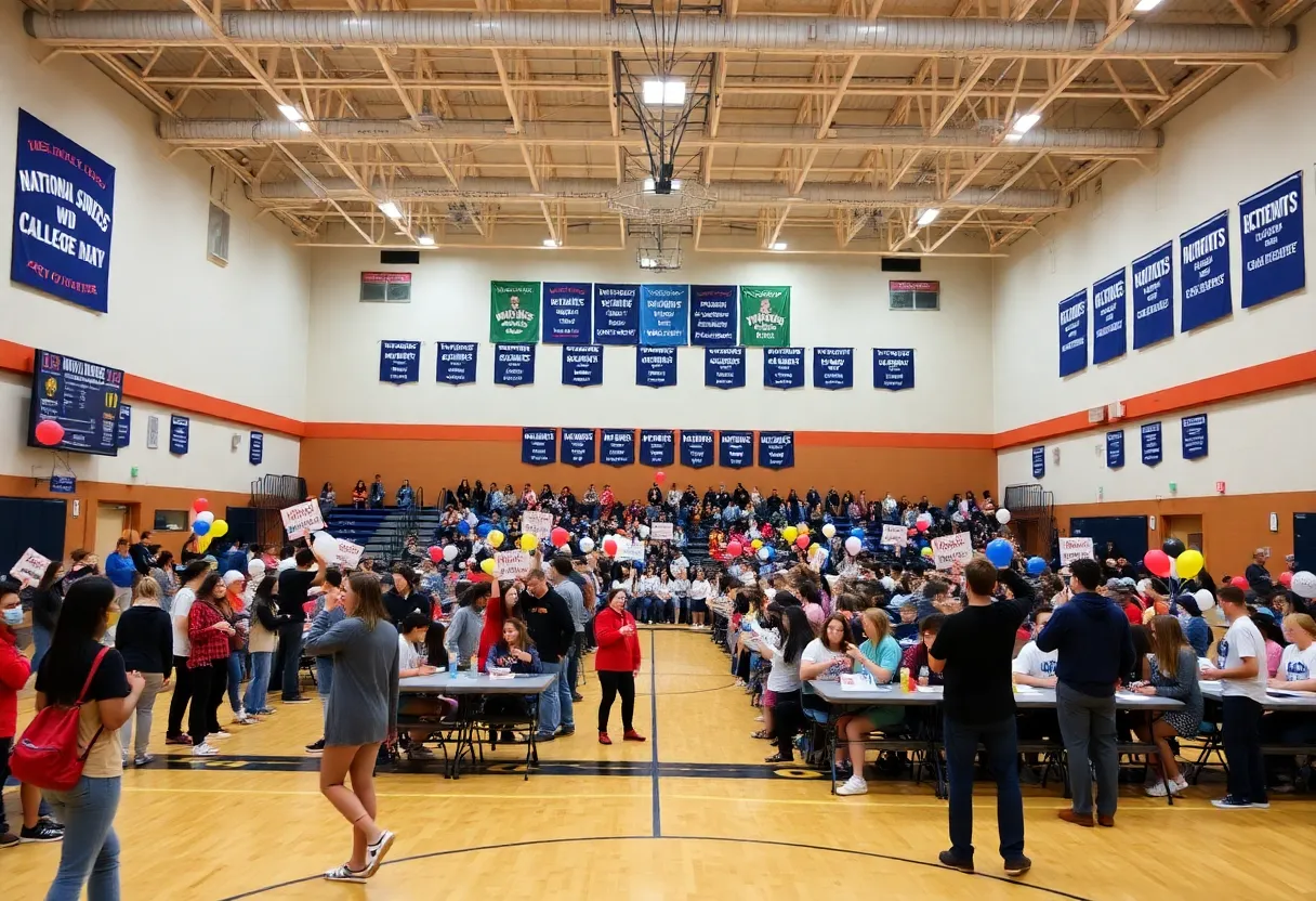 High school athletes celebrating National Signing Day in a decorated gymnasium.