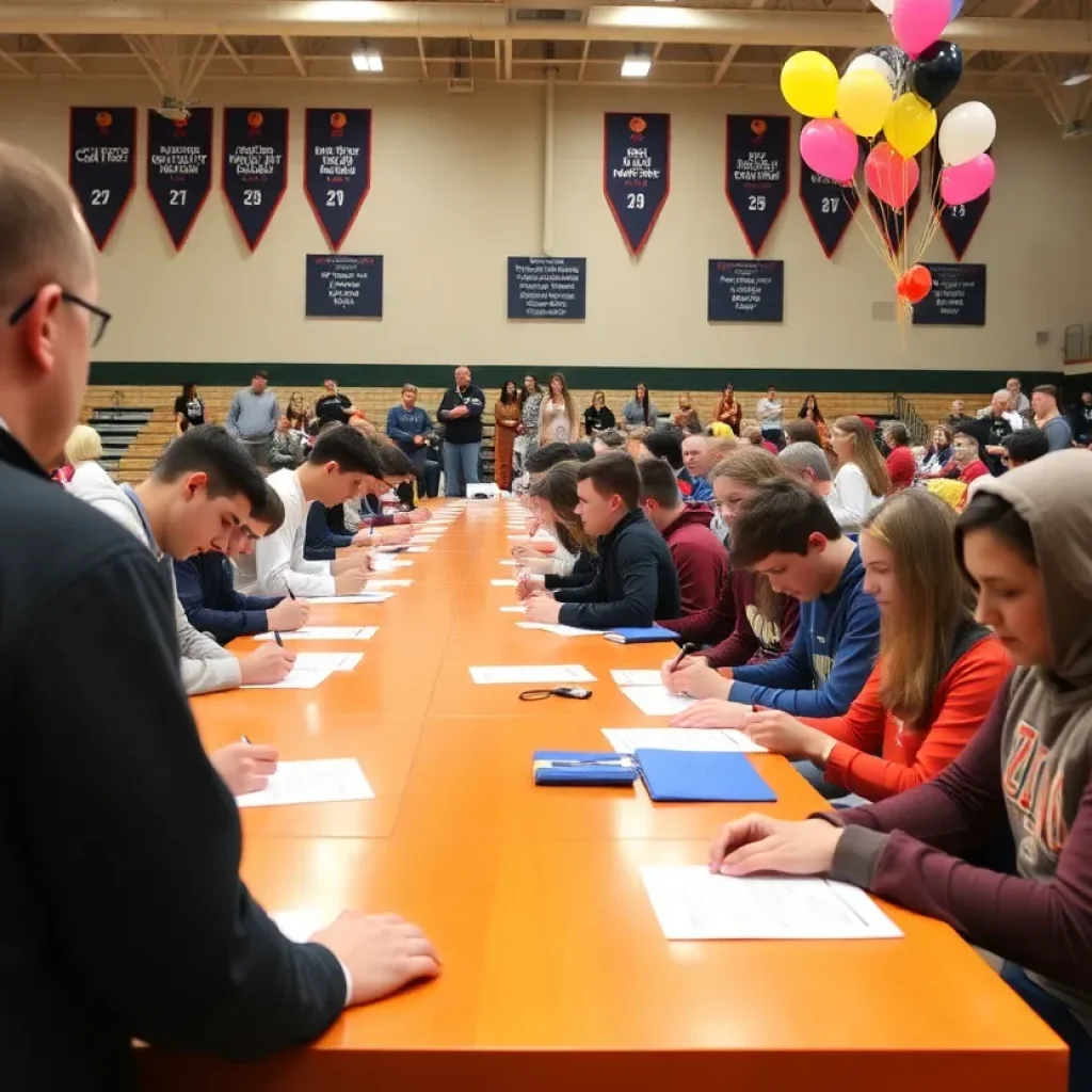 High school athletes celebrating National Signing Day by signing their commitment letters with family and friends present.