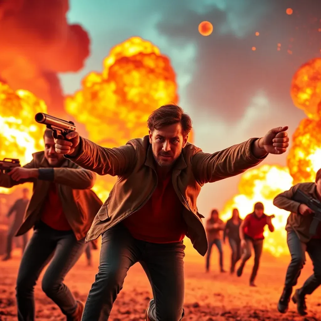 Dynamic action scene with explosions inspired by film projects