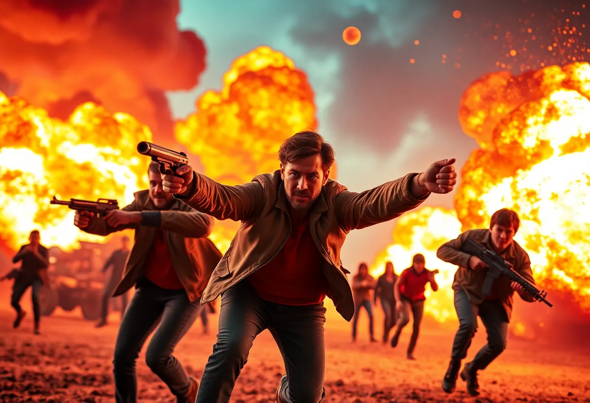 Dynamic action scene with explosions inspired by film projects