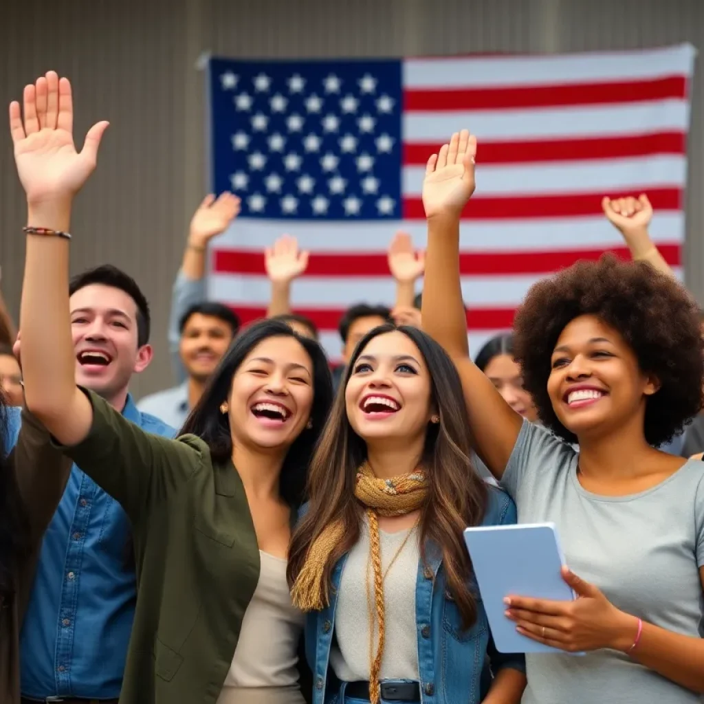 Diverse group of new U.S. citizens celebrating their naturalization with smiles and American flags.