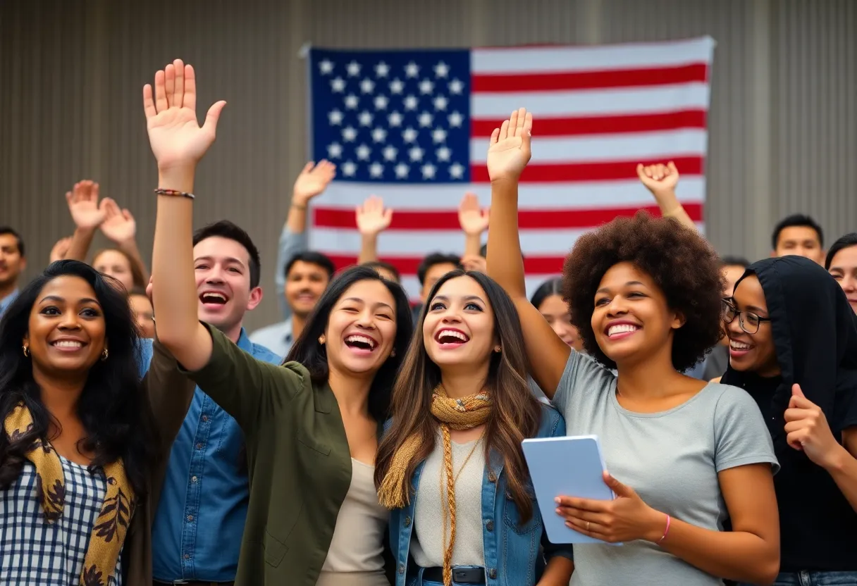 Diverse group of new U.S. citizens celebrating their naturalization with smiles and American flags.