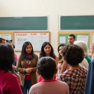 Parents discussing school vouchers at a community event