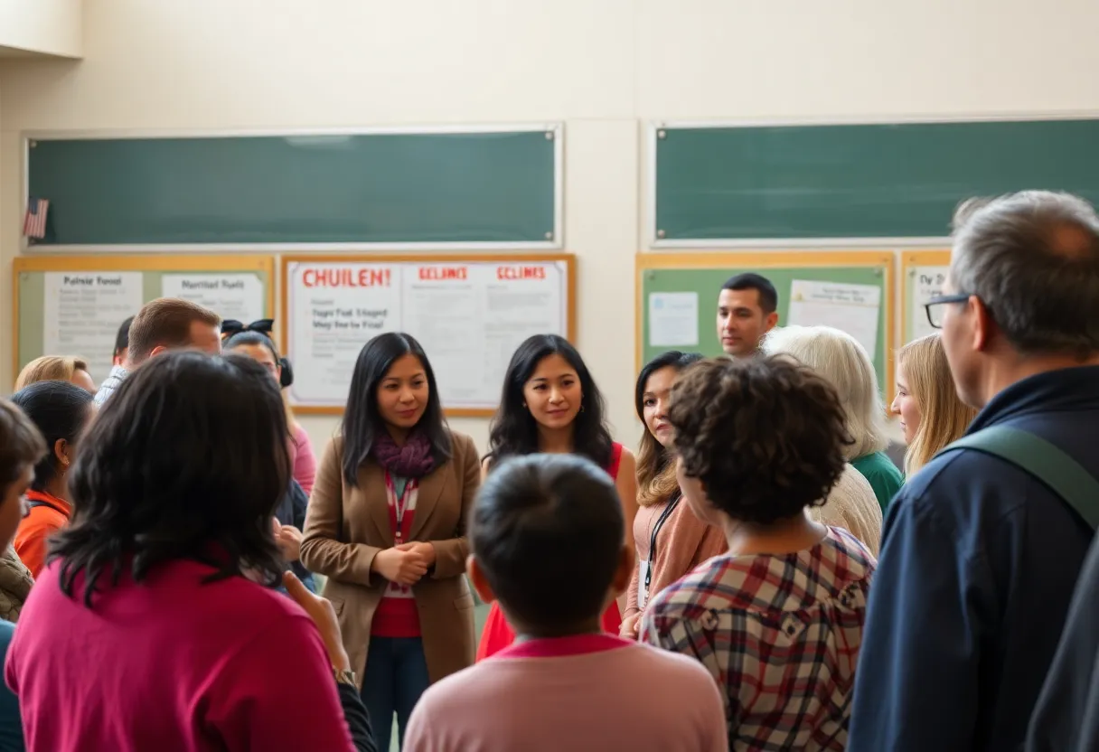 Parents discussing school vouchers at a community event