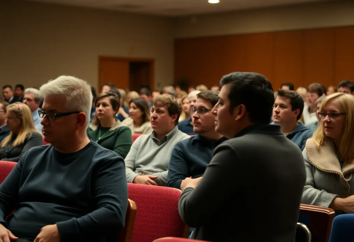 Parents gathering at a school meeting discussing school closures