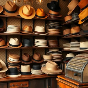 Interior of a vintage hat shop displaying various hats and a traditional cash register