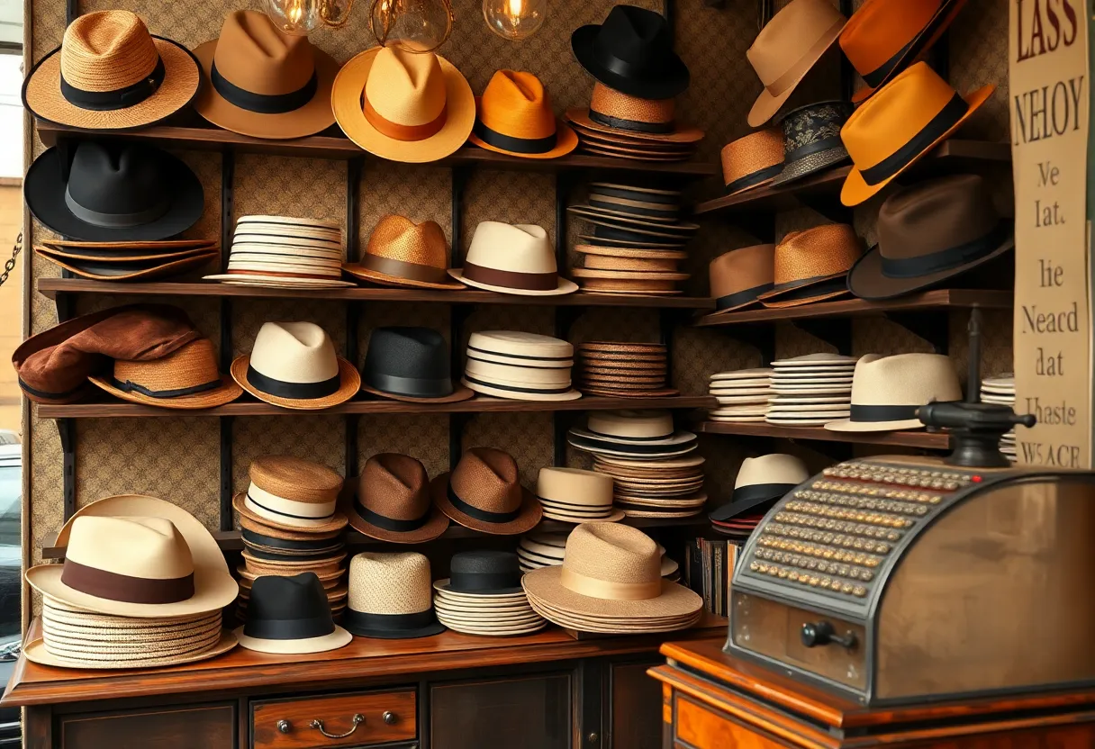 Interior of a vintage hat shop displaying various hats and a traditional cash register