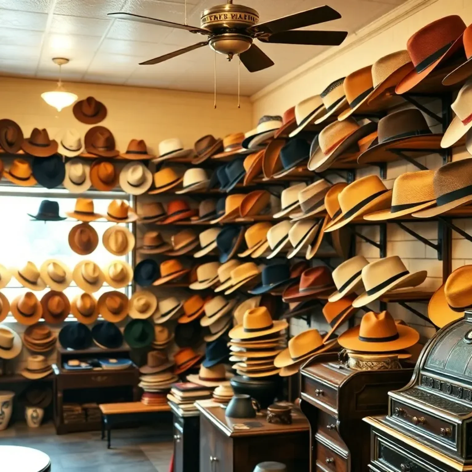 Interior of Paris Hatters showcasing custom hats and historic cash register