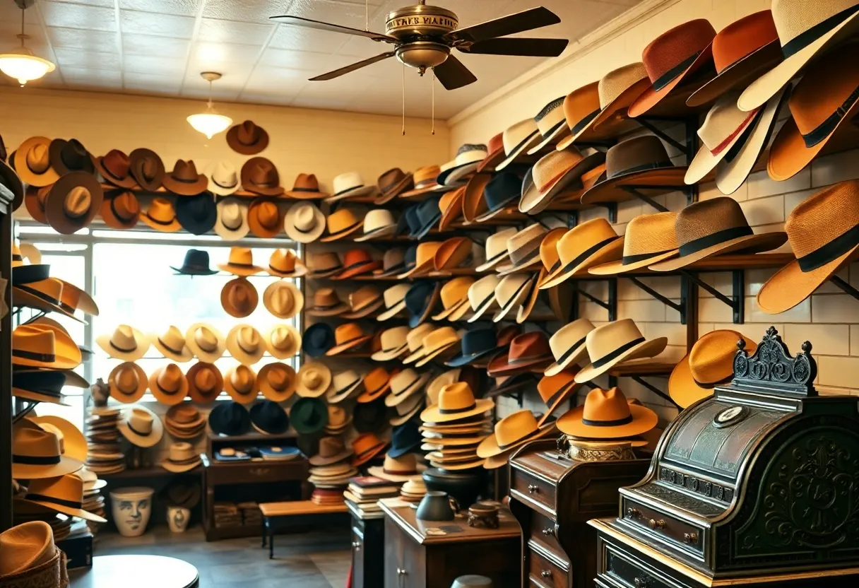 Interior of Paris Hatters showcasing custom hats and historic cash register