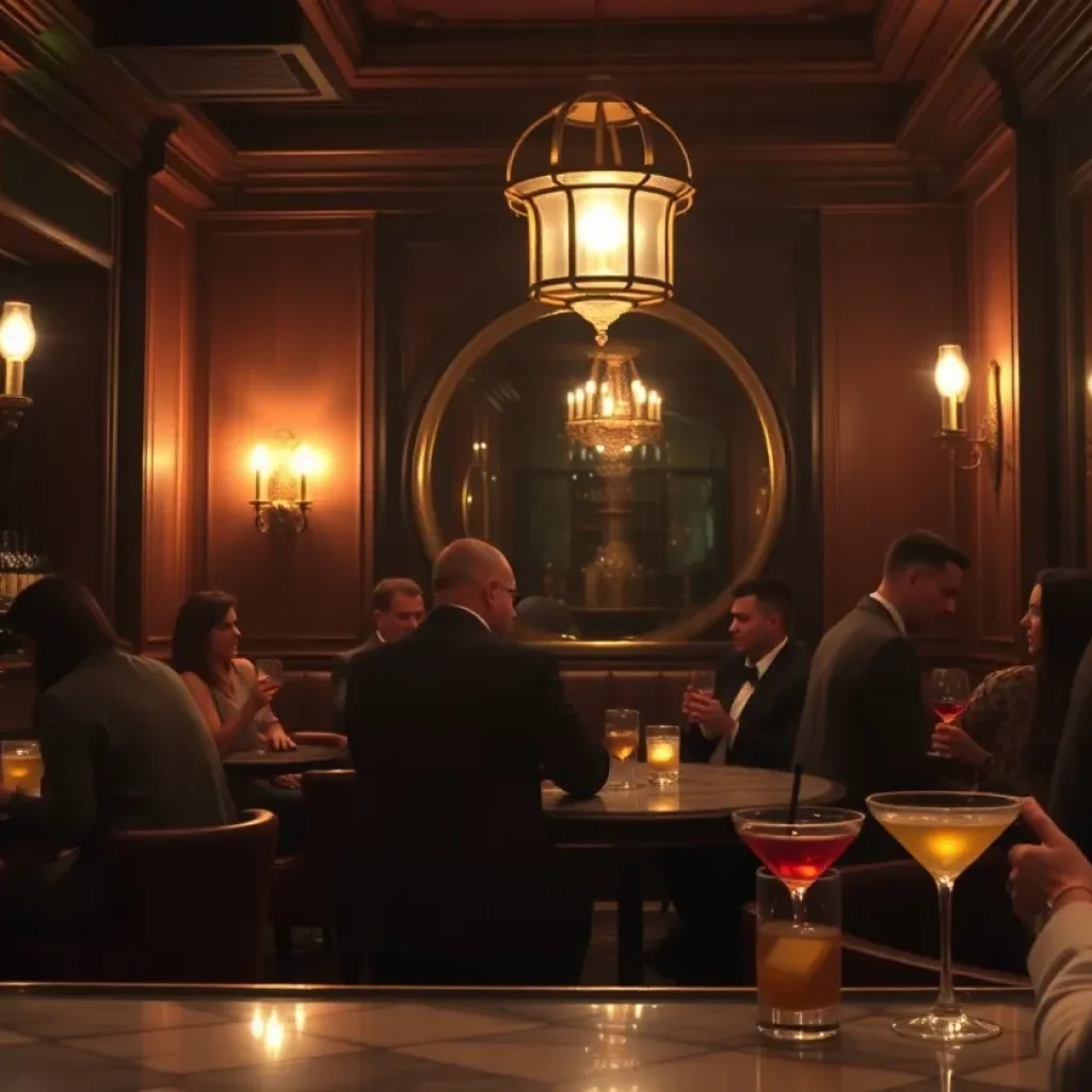 Interior of a speakeasy-style bar with elegant decor and patrons enjoying drinks.