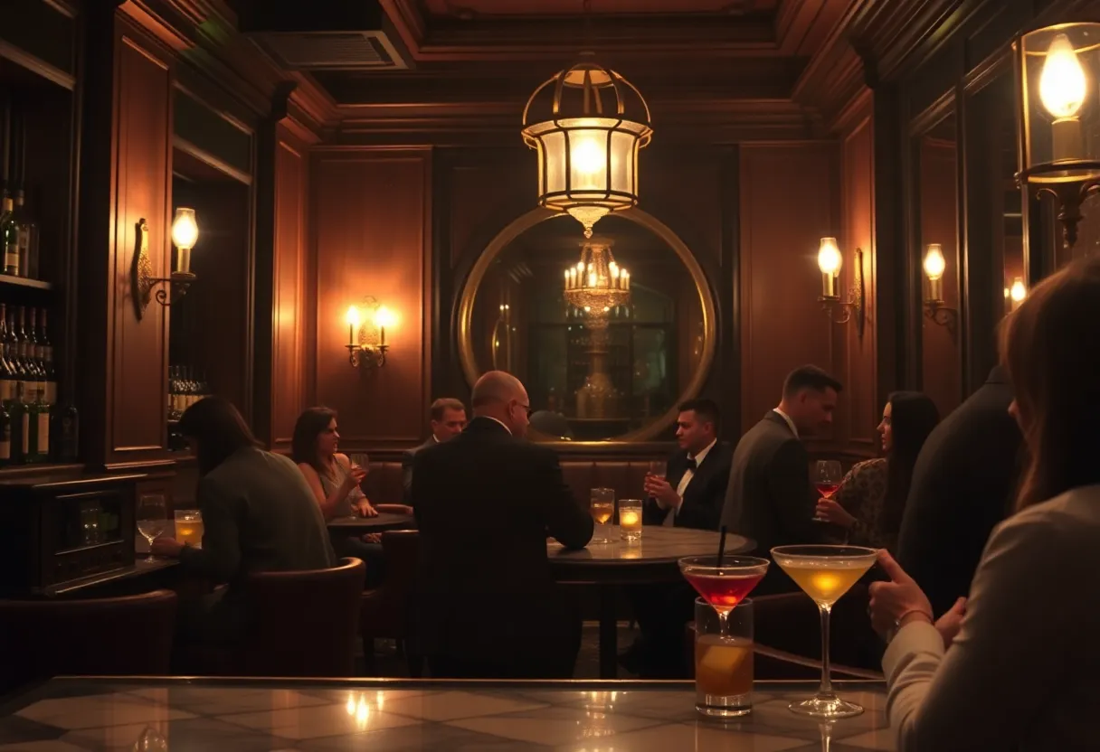 Interior of a speakeasy-style bar with elegant decor and patrons enjoying drinks.