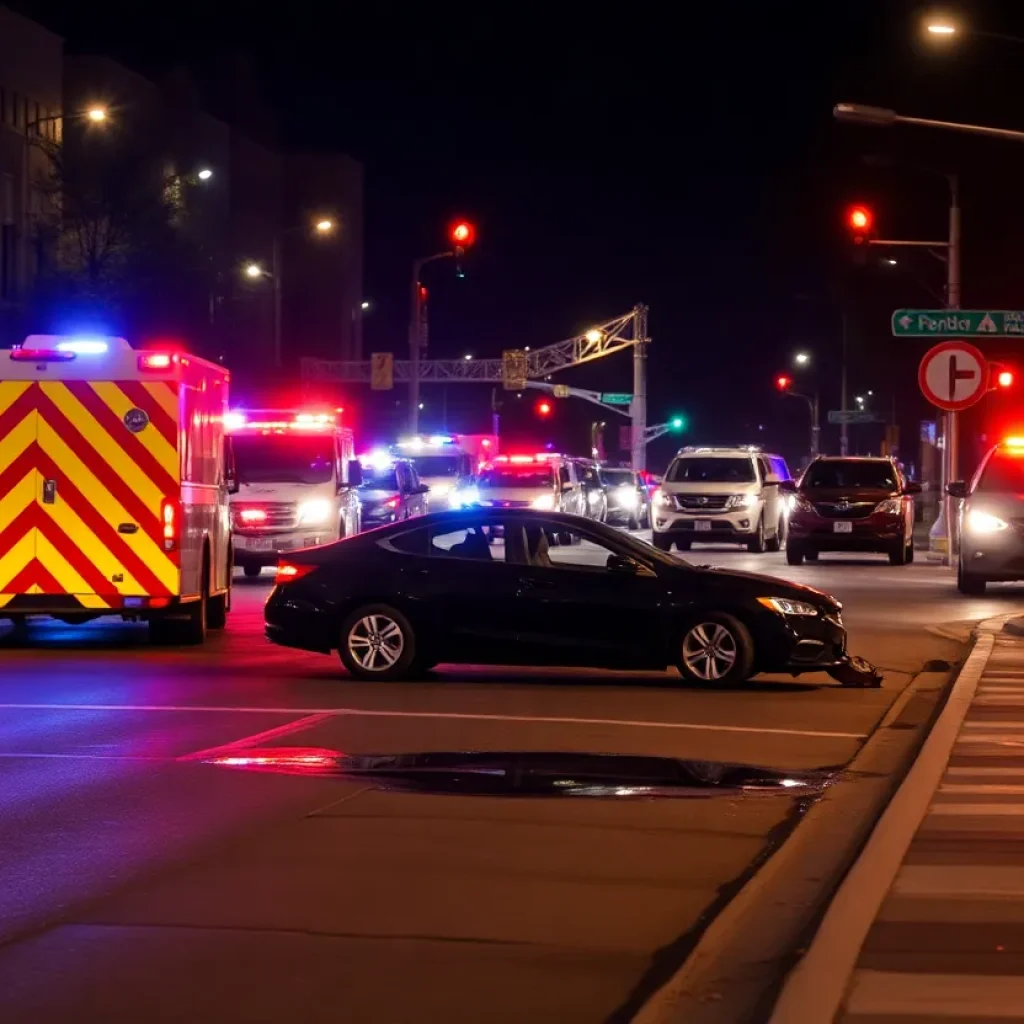 Scene of a pedestrian accident in San Antonio with emergency lights.