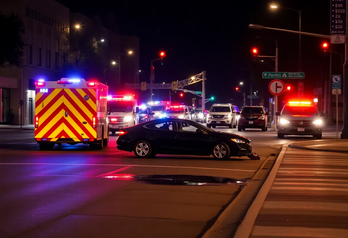 Scene of a pedestrian accident in San Antonio with emergency lights.