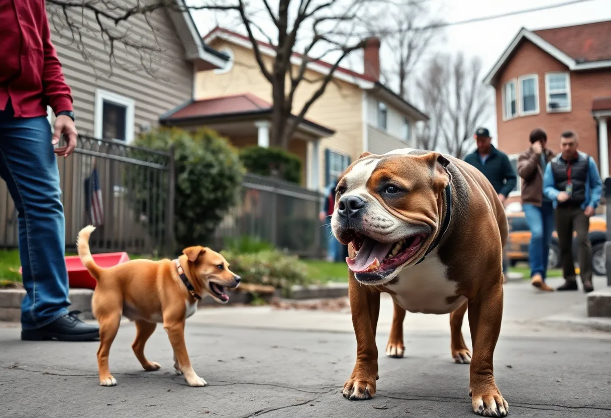 Neighborhood scene illustrating a pit bull incident.