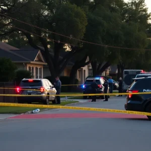 Police officers investigating a murder scene in a San Antonio neighborhood