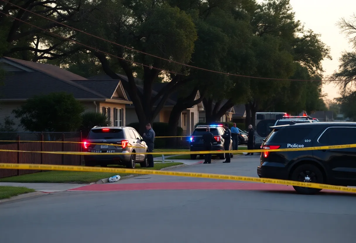 Police officers investigating a murder scene in a San Antonio neighborhood