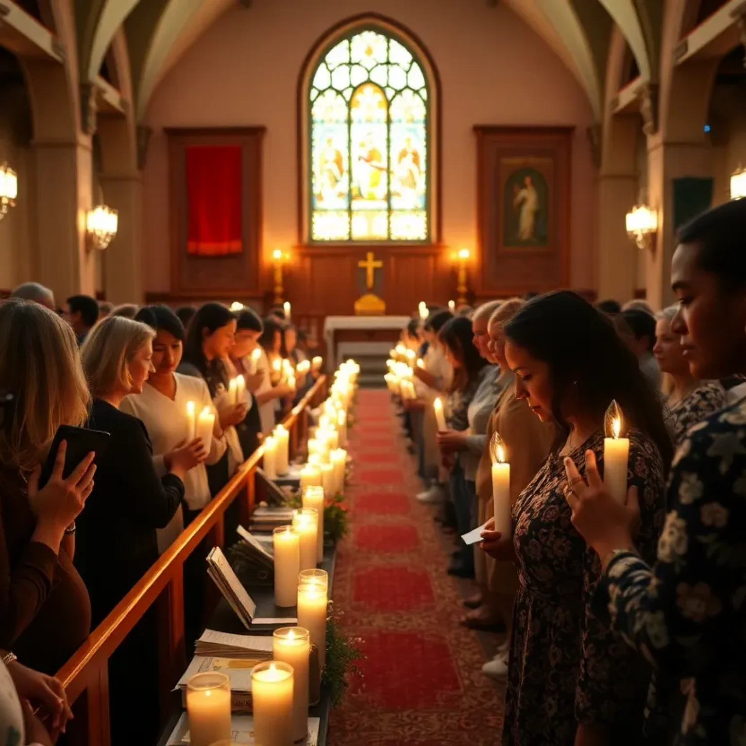 Community members holding candles during a prayer vigil for Pope Francis