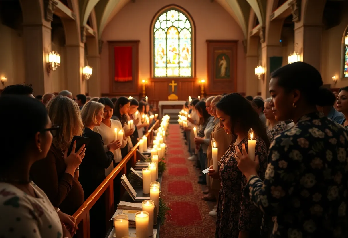 Community members holding candles during a prayer vigil for Pope Francis