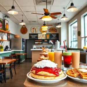 Delicious breakfast spread featuring pancakes, waffles, and smoothies at Pür & Simple in San Antonio