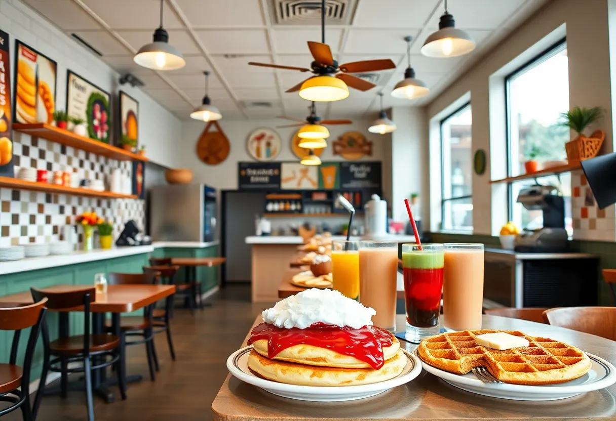 Delicious breakfast spread featuring pancakes, waffles, and smoothies at Pür & Simple in San Antonio