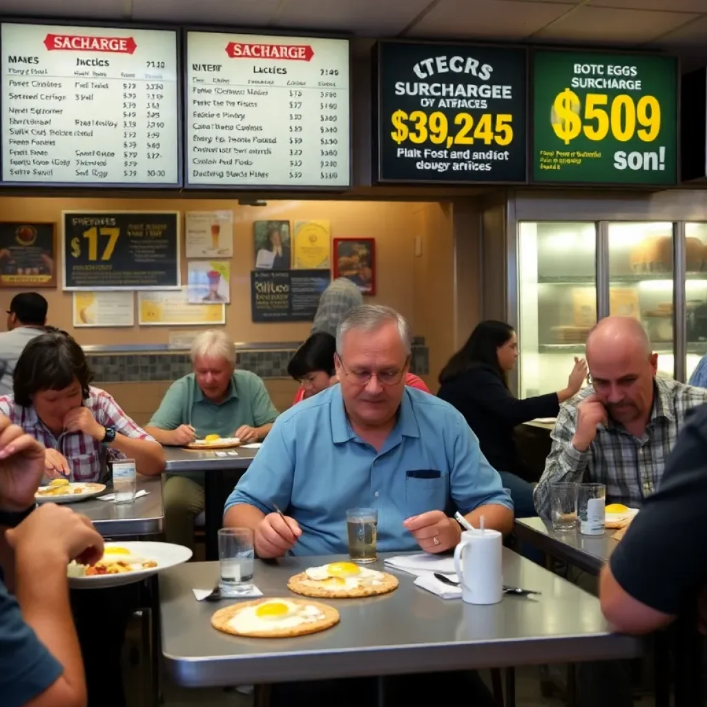 Customers at a San Antonio restaurant with egg menu items and surcharge signs