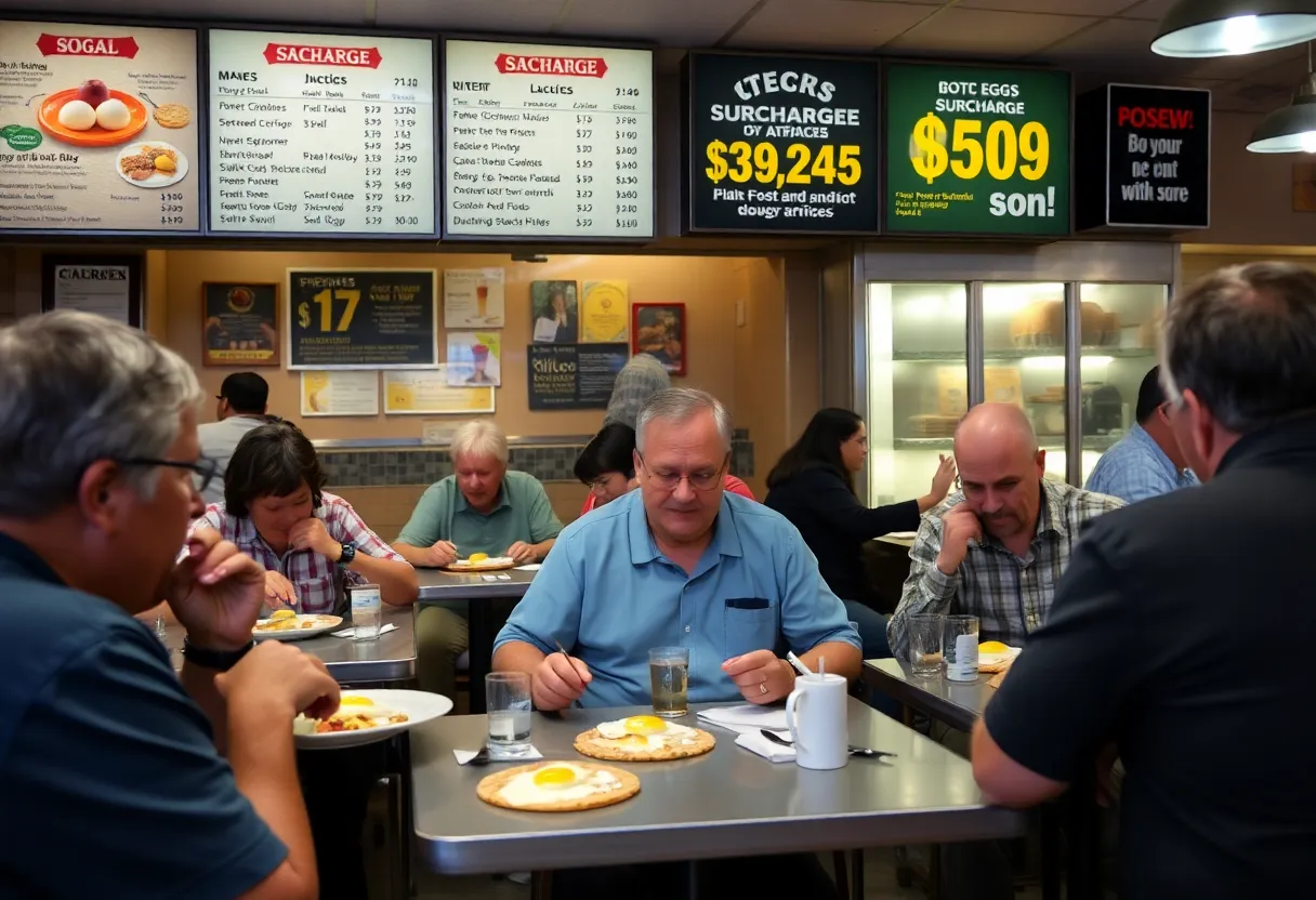 Customers at a San Antonio restaurant with egg menu items and surcharge signs