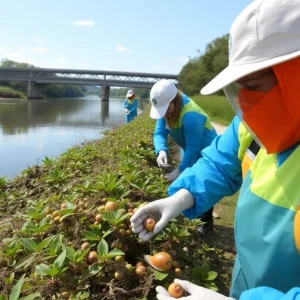 Volunteers removing invasive apple snails from the San Antonio river