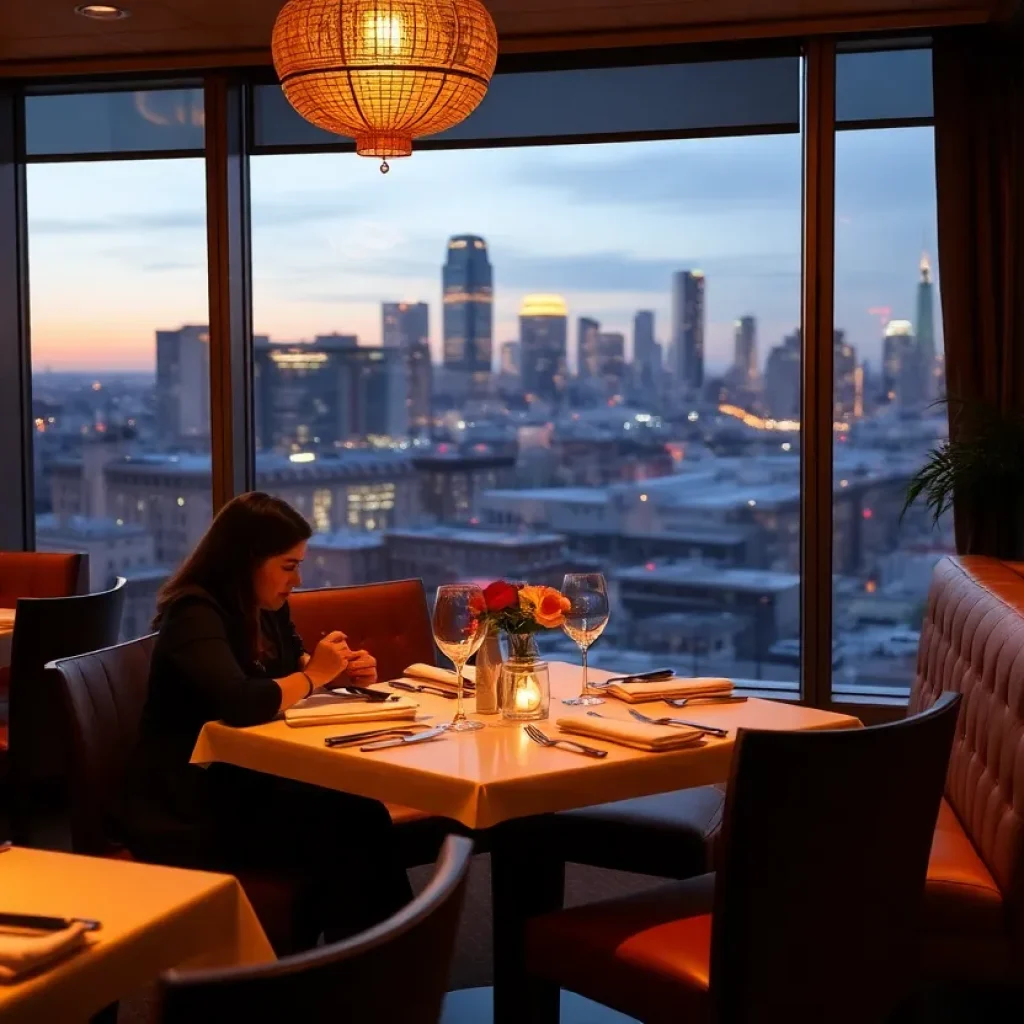 A romantic dinner setting in San Antonio with soft lighting and city views.