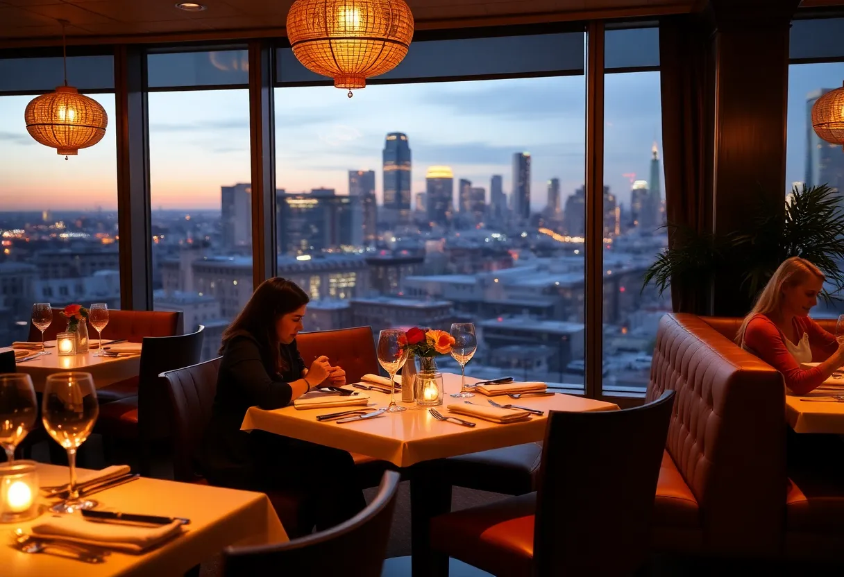 A romantic dinner setting in San Antonio with soft lighting and city views.