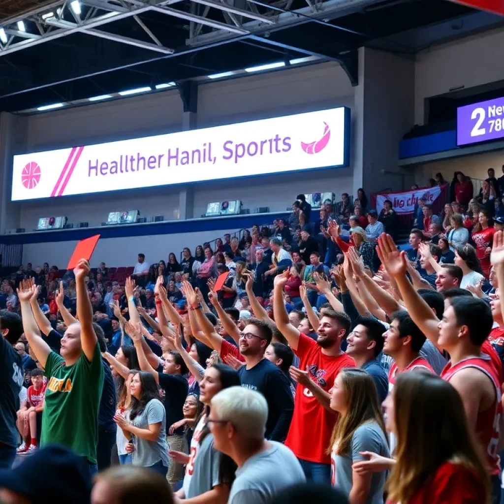 Fans cheering at the Salute to Healthcare event during a women's basketball game