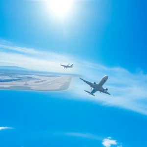 Aerial view showing San Antonio International Airport with airplanes.