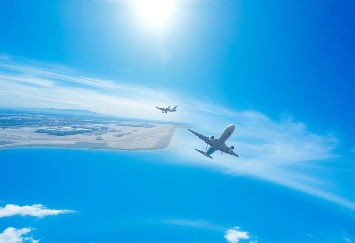 Aerial view of San Antonio International Airport with airplanes.