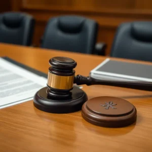 Courtroom setup with legal documents and gavel.