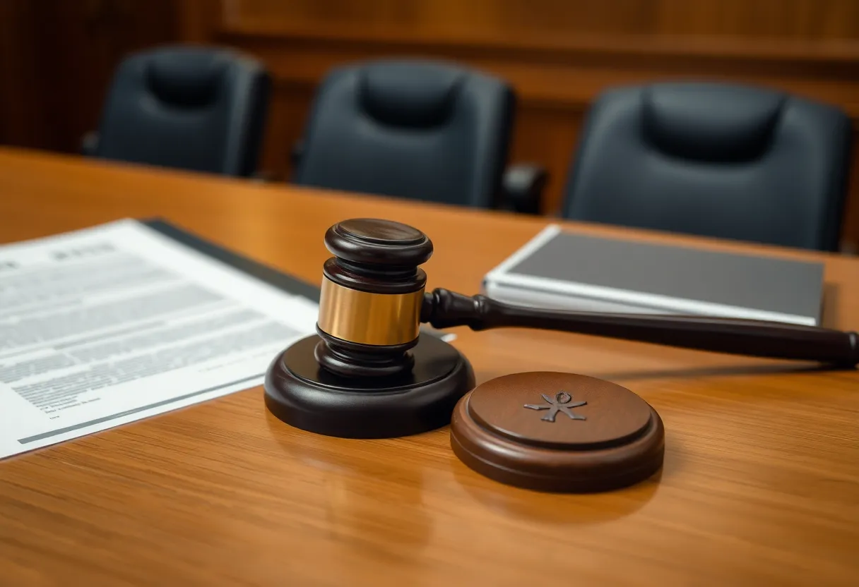 Courtroom setup with legal documents and gavel.