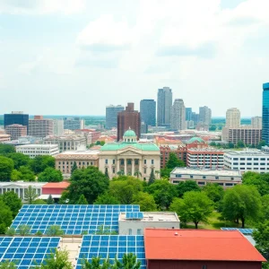 Skyline of San Antonio with solar panels and green parks