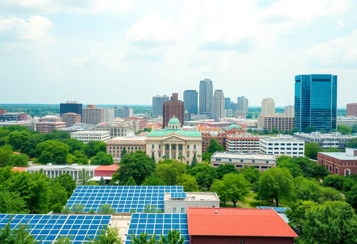 Skyline of San Antonio with solar panels and green parks