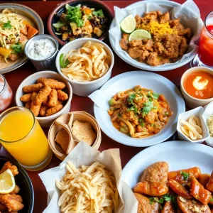 A delicious spread showcasing the culinary diversity of San Antonio, including breakfast items and barbecue.