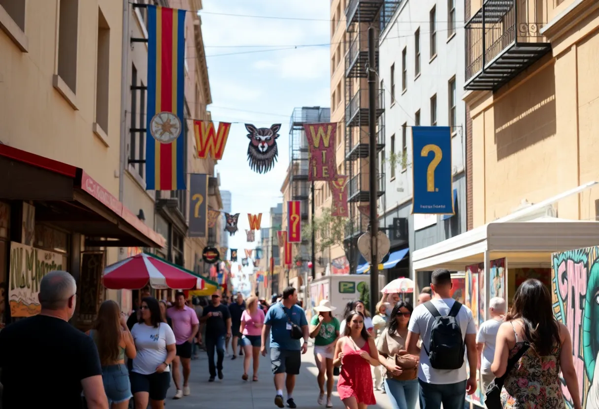 A lively San Antonio street bustling with community activity and local art.