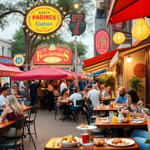 Diverse food offerings in San Antonio with happy diners