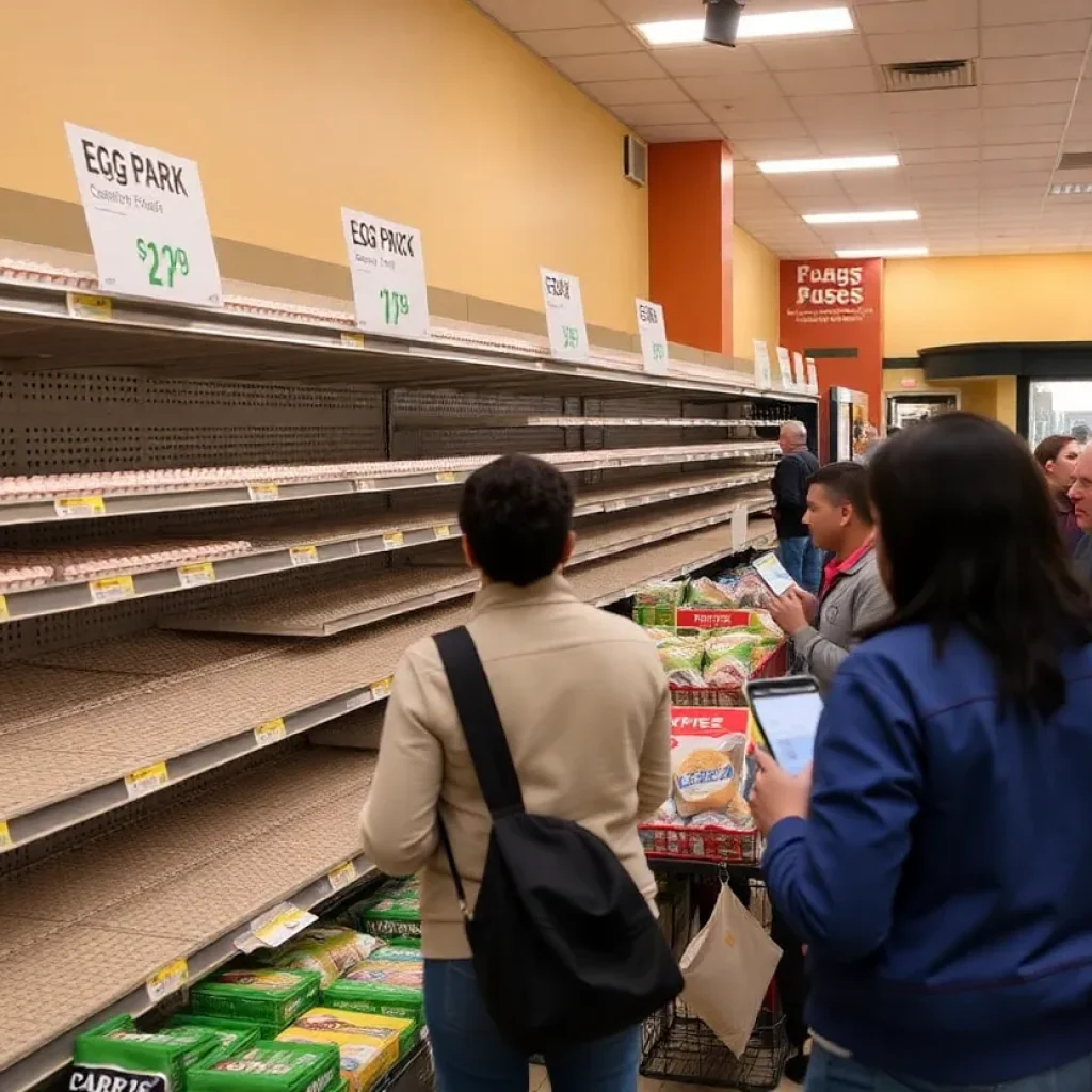 Empty egg shelves in a San Antonio grocery store with price signs.