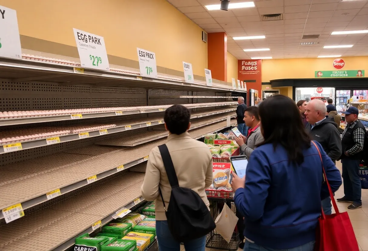 Empty egg shelves in a San Antonio grocery store with price signs.