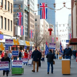 A bustling San Antonio scene showcasing election preparations with campaign signs and voter engagement.