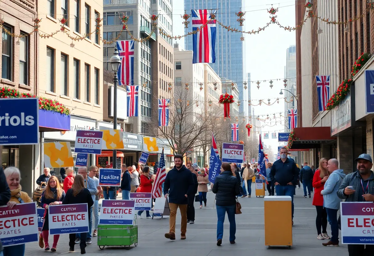 A bustling San Antonio scene showcasing election preparations with campaign signs and voter engagement.