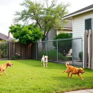 Neighborhood in San Antonio with fenced yards and playing dogs.