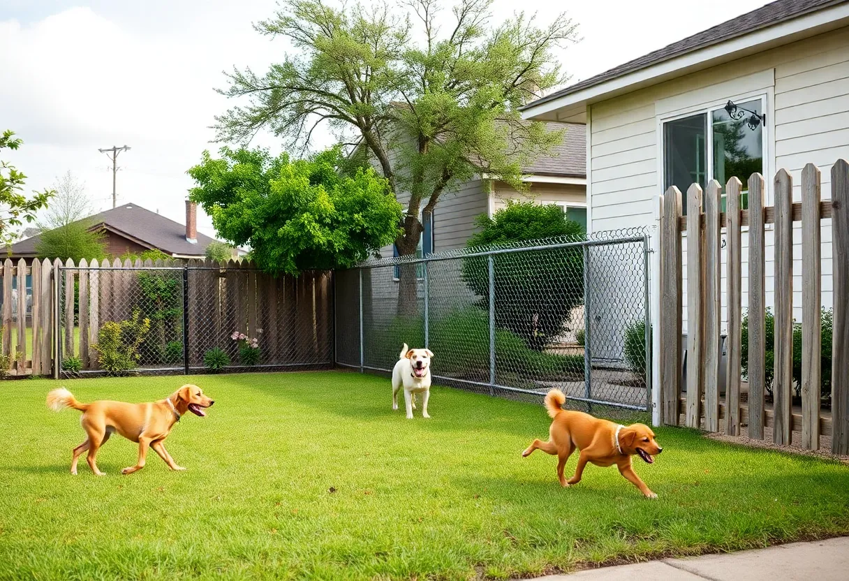 Neighborhood in San Antonio with fenced yards and playing dogs.