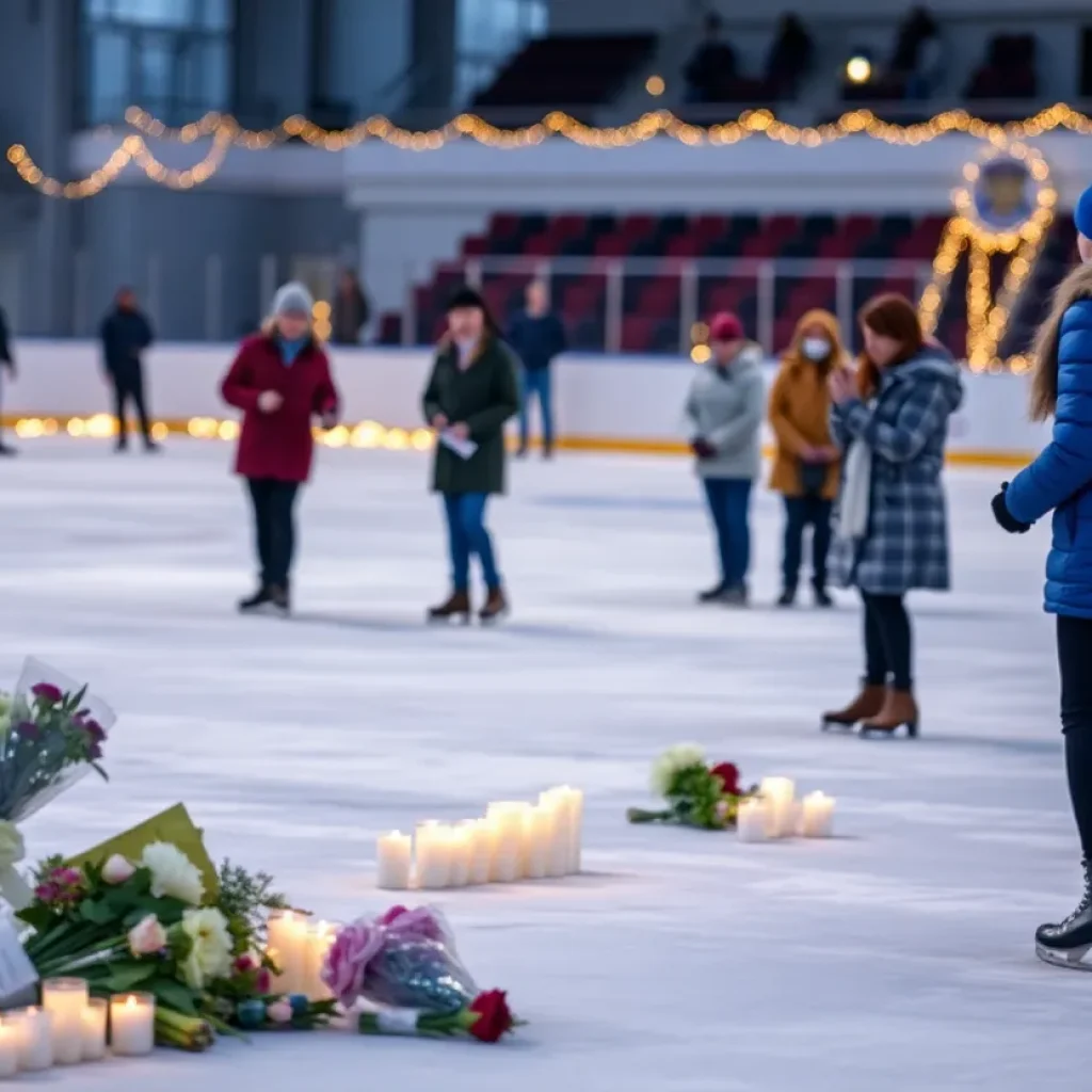 Memorial flowers and candles at Northwoods Ice Center for crash victims