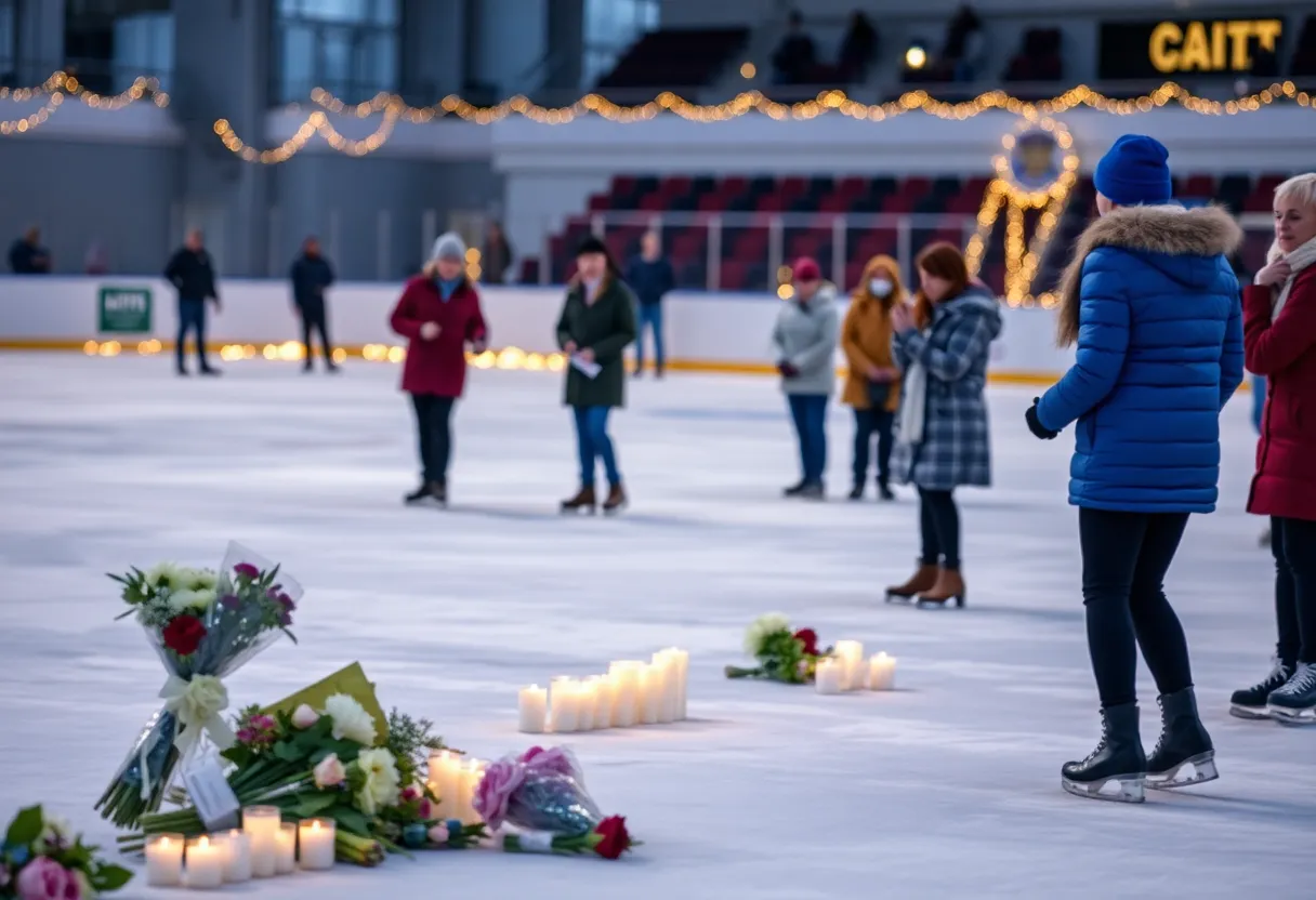 Memorial flowers and candles at Northwoods Ice Center for crash victims