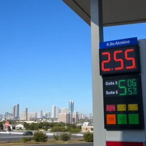 Gas station price board in San Antonio showing gas prices declining.