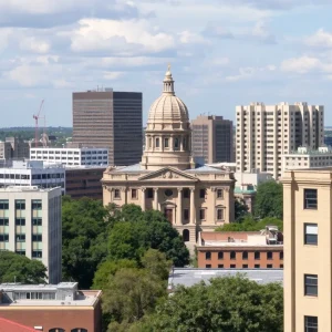 Cityscape showing government buildings in San Antonio with a focus on potential closures.