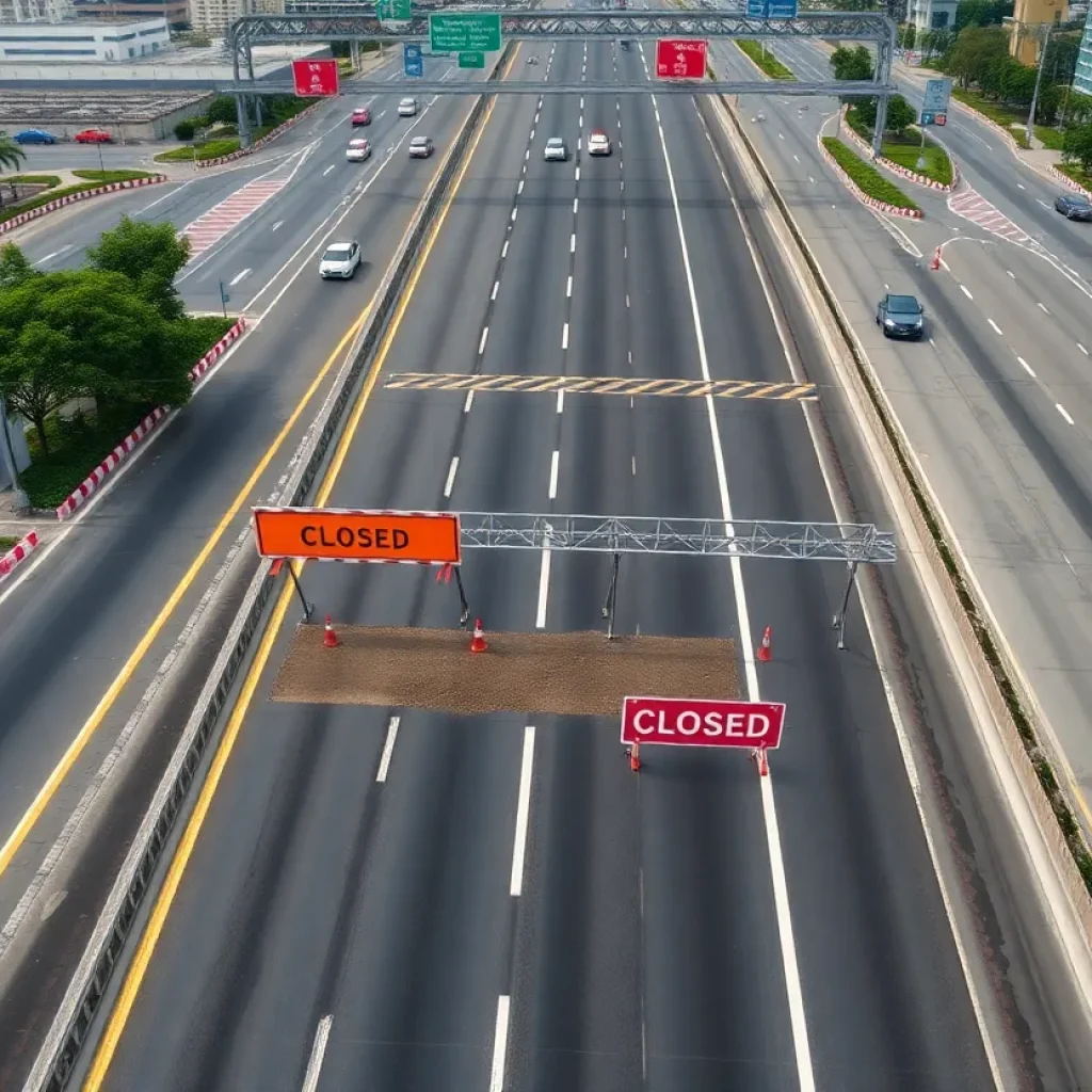 Aerial view of closed highway construction signs in San Antonio